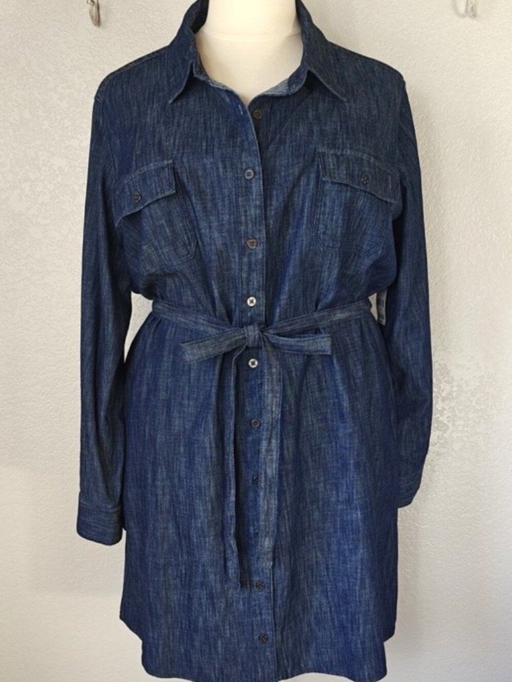 Simply Emma 3X Shirtdress Dark Wash Denim Long Roll Tab Sleeves Cotton
